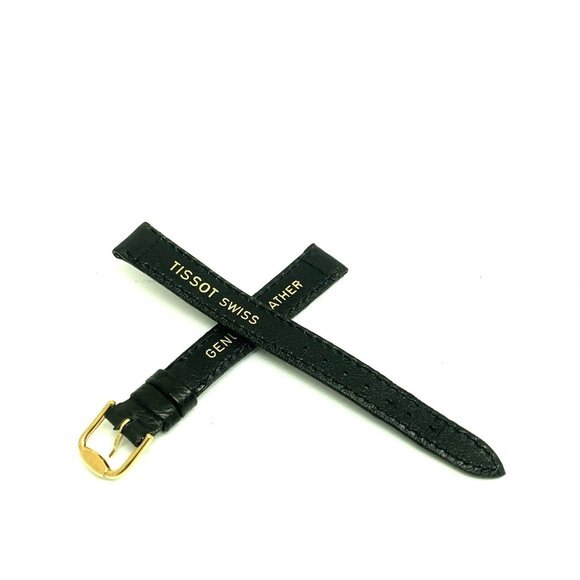 Tissot Watch Replacement Band Black Leather 12mm Lug Strap Gold Steel Buckle - Picture 2 of 6